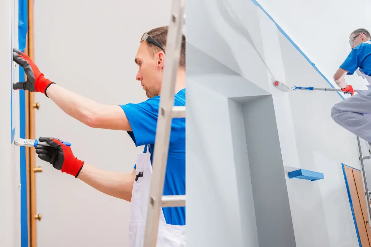 Imagem de pintor fazendo o acabamento na sua pintura de parede de apartamento.