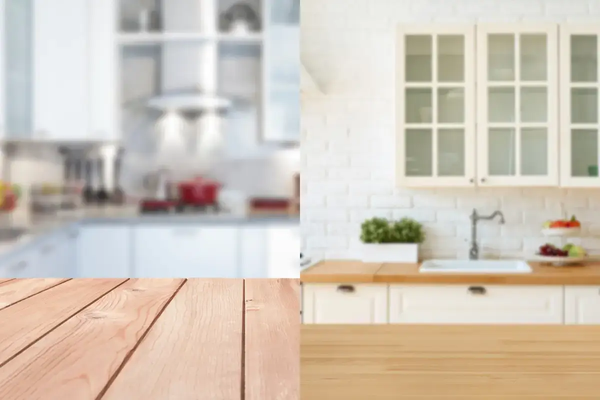 Imagem que mostra as vantagens e desvantagens de ter um bancada de cozinha em madeira.