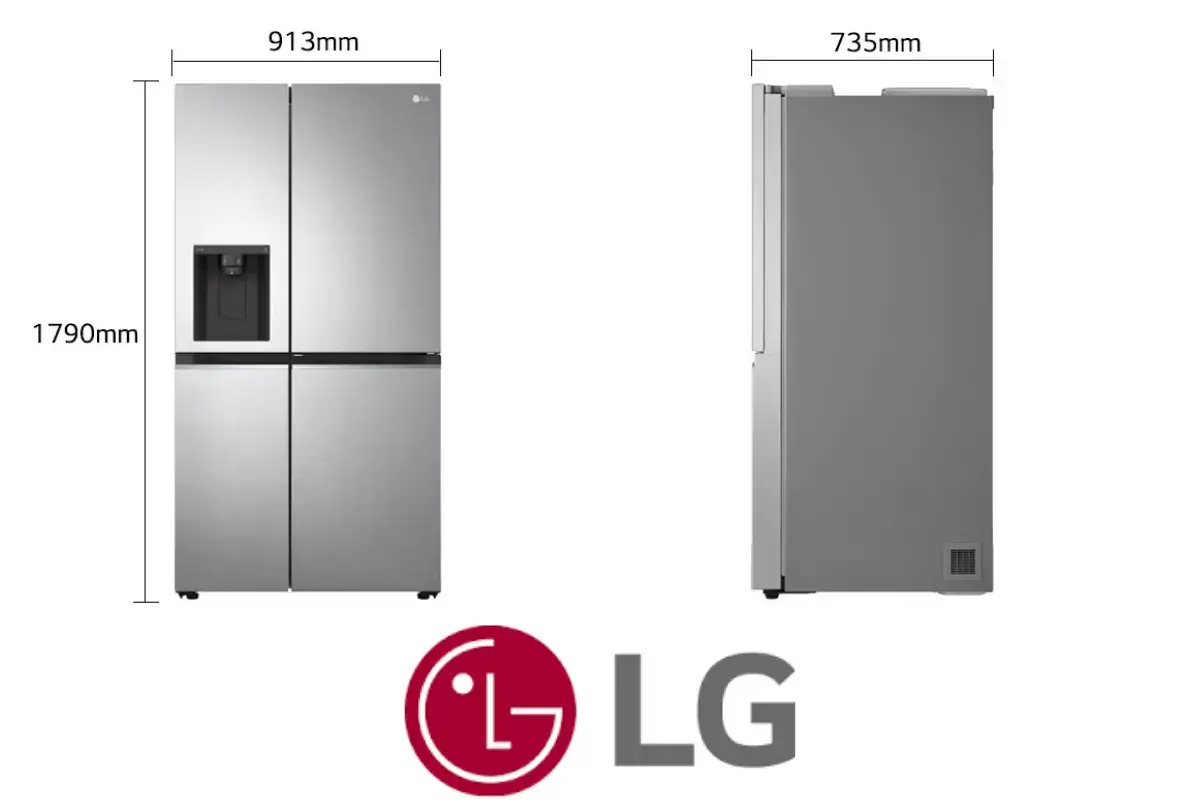 Imagem com as medidas de altura, comprimento e largura da geladeira.