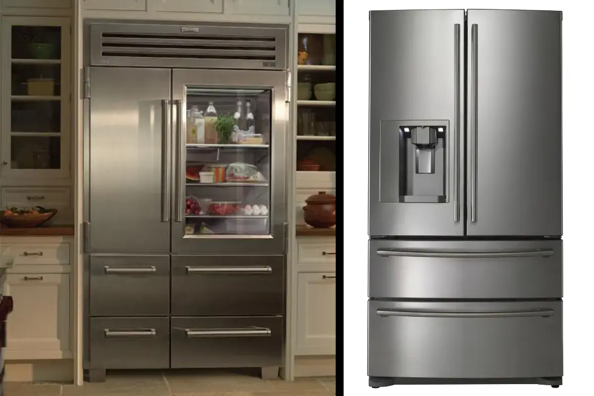 Imagem de 2 geladeiras, uma normal e outra sub zero na cozinha.