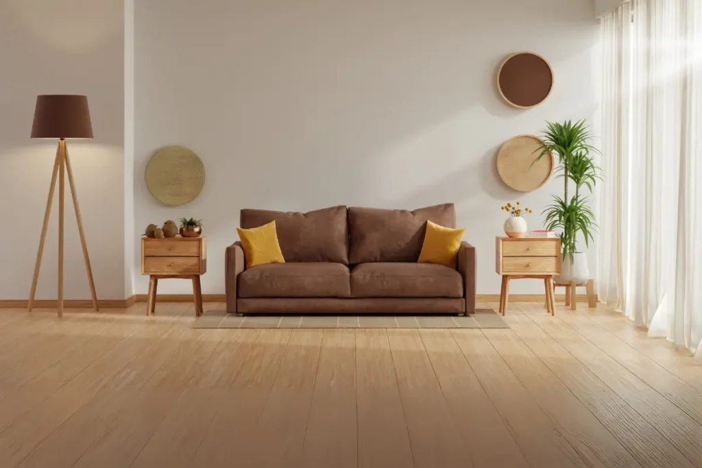 Exemplo de decoração simples com plantas e móveis renovados.