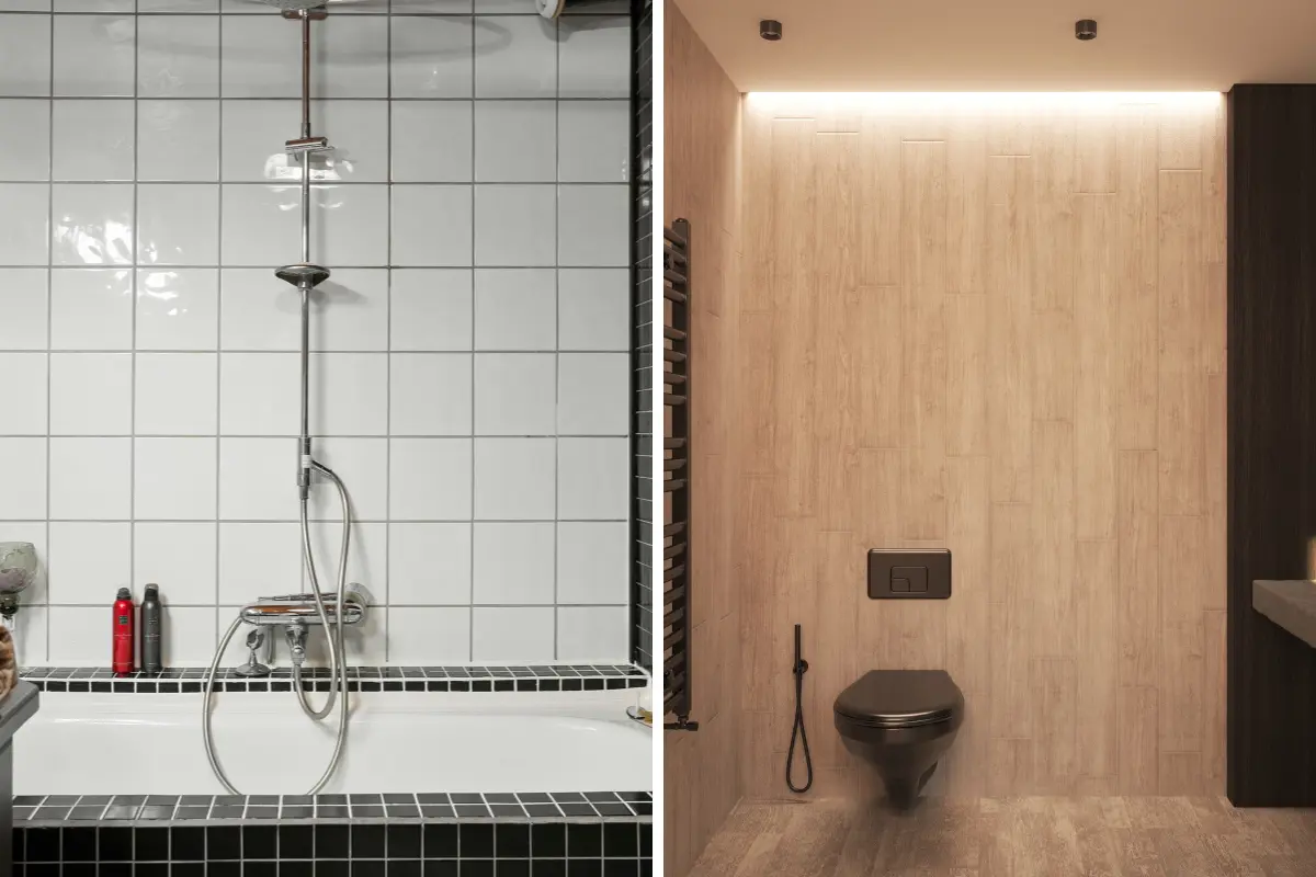Drywall em banheiros realmente funciona? Comparação visual entre um banheiro tradicional e um reformado com drywall, evidenciando a diferença no acabamento. Foto: Reprodução / Canva Pro.