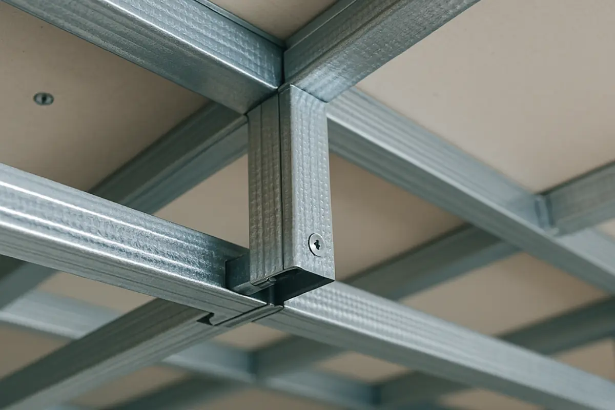 Como funciona a instalação de drywall em tetos? Detalhes ampliados da estrutura metálica do drywall no teto. Foto: Reprodução / Canva Pro.
