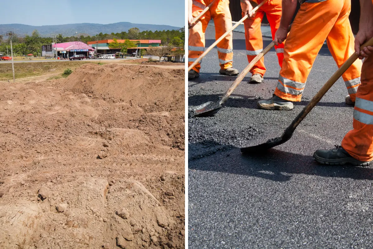 Pavimentação permeável para terreno abaixo do nível da rua! Comparação entre um terreno antes e depois da aplicação de pavimentação permeável. Foto: Reprodução / Canva Pro.