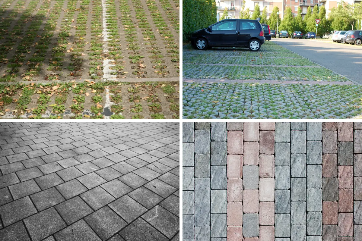 Pavimentação permeável para terreno abaixo do nível da rua! Imagem mostrando diferentes tipos de pavimentação permeável. Foto: Reprodução / Canva Pro.