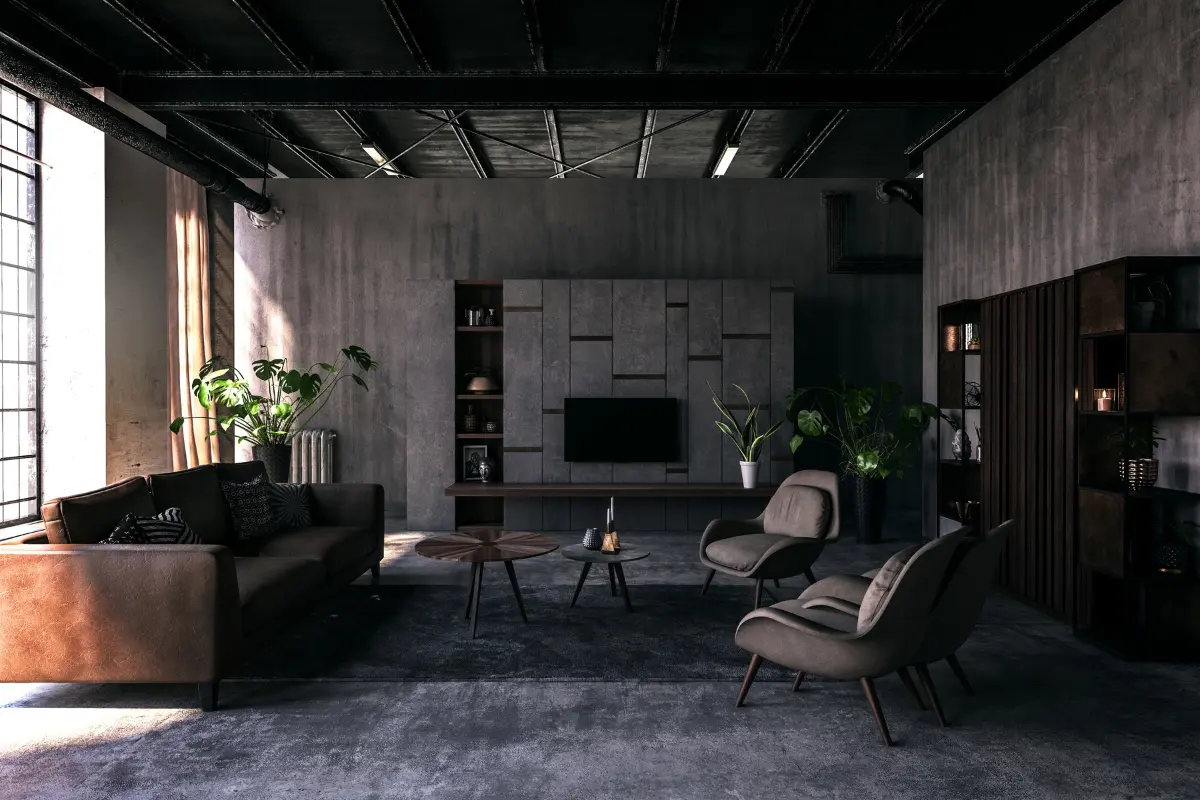 O que é estilo industrial na decoração? Tijolos aparentes e luminárias metálicas reforçam o estilo industrial. Foto: Reprodução / Canva Pro.