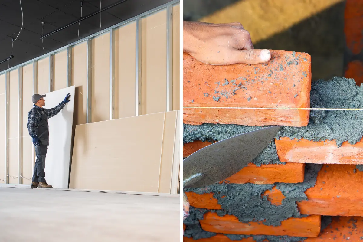 Drywall na construção civil! Comparação entre um espaço antes e depois da instalação do drywall. Foto: Reprodução / Canva Pro.