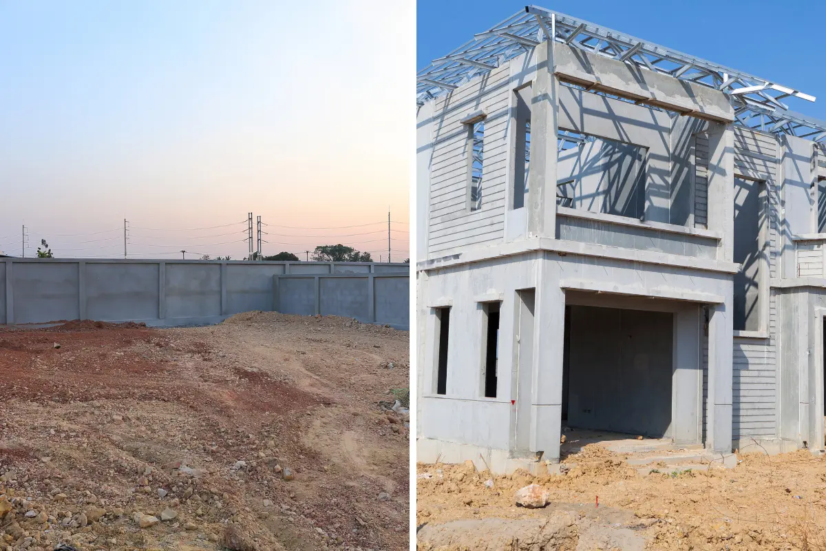 Como financiar um terreno e construir sem comprovação de renda? Comparação do terreno vazio com a casa erguida em diferentes fases do financiamento. Foto: Reprodução / Canva Pro.