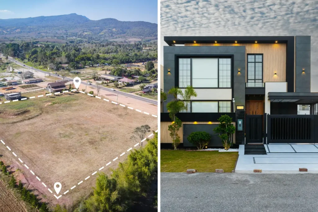 Você sabe a diferença entre financiar um terreno e financiar uma construção? Terrenos tendem a valorizar mais rápido em áreas de desenvolvimento, enquanto a construção agrega valor ao imóvel de forma personalizada. Foto: Reprodução / Canva Pro.