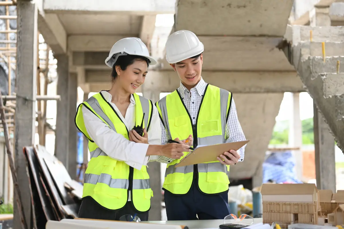 Os tipos de licenciamento necessários para construir um prédio residencial. Engenheiro orienta casal sobre ART, projeto de arquitetura e memorial descritivo. Foto: Reprodução / Canva Pro.