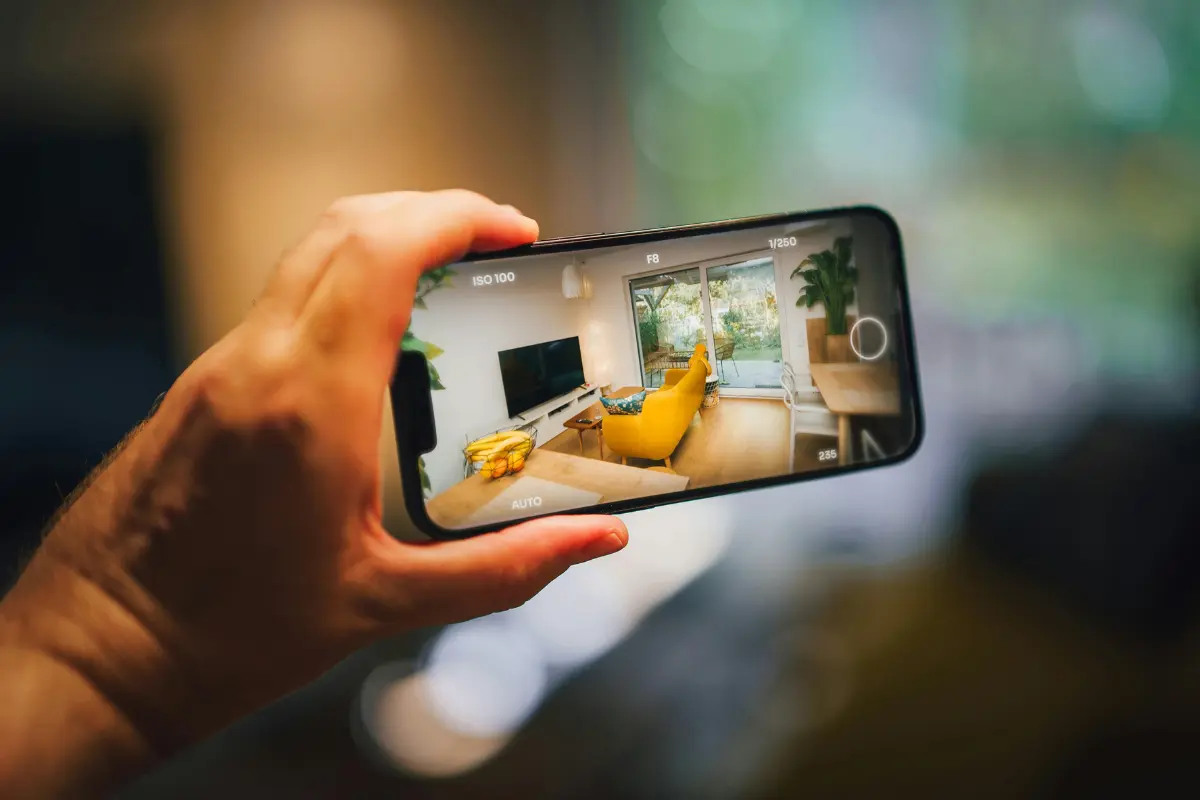 10 curiosidades sobre campo e eira que todo corretor deve conhecer. Tela de smartphone revela anúncio de imóvel de luxo enquanto o fundo permanece desfocado. Foto: Reprodução / Canva Pro.