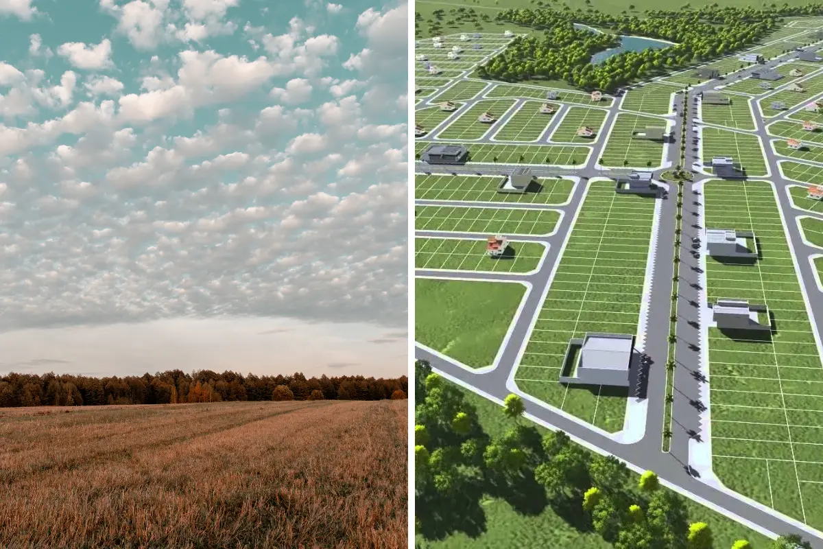 Como funciona o financiamento de terreno: Comparação entre terreno sem preparo e lote pronto para construção financiada. Foto: Reprodução / Canva Pro.