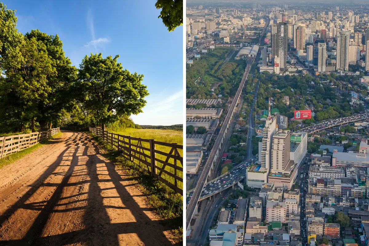 Entenda a diferença entre chão urbano e chão rural antes de comprar. Contraste entre área agrícola e loteamento urbano destaca distinção. Foto: Reprodução / Canva Pro.