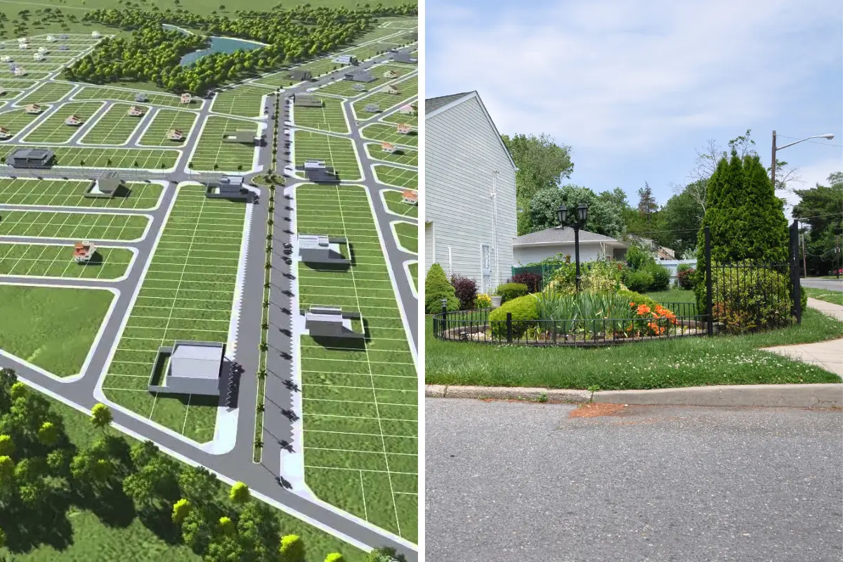 Lote de esquina: Esquina deserta contrasta com meio de quadra ao fundo, suscitando a dúvida sobre a melhor escolha. Foto: Reprodução / Canva Pro.