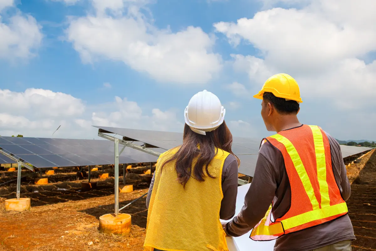 O que observar em um campo para implantação de energia solar. Família rural observa painéis solares instalados em campo bem analisado. Foto: Reprodução / Canva Pro.