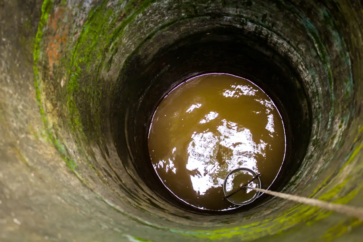 Solo de terreno. Poço estreito com régua mostra a medida exata do lençol freático após a chuva. Foto: Reprodução / Canva Pro.