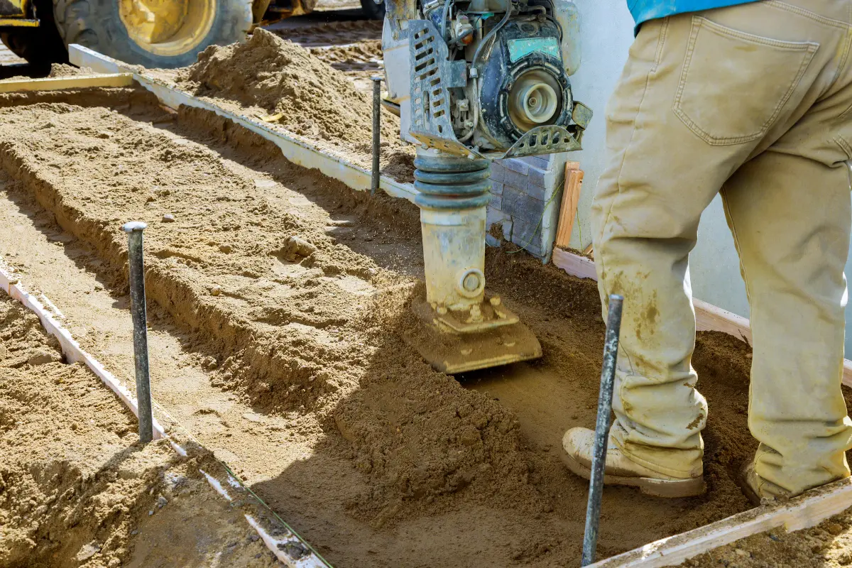 Terraplanagem de terreno: Detalhe da máquina vibratória compactando solo antes do nivelamento. Foto: Reprodução / Canva Pro.