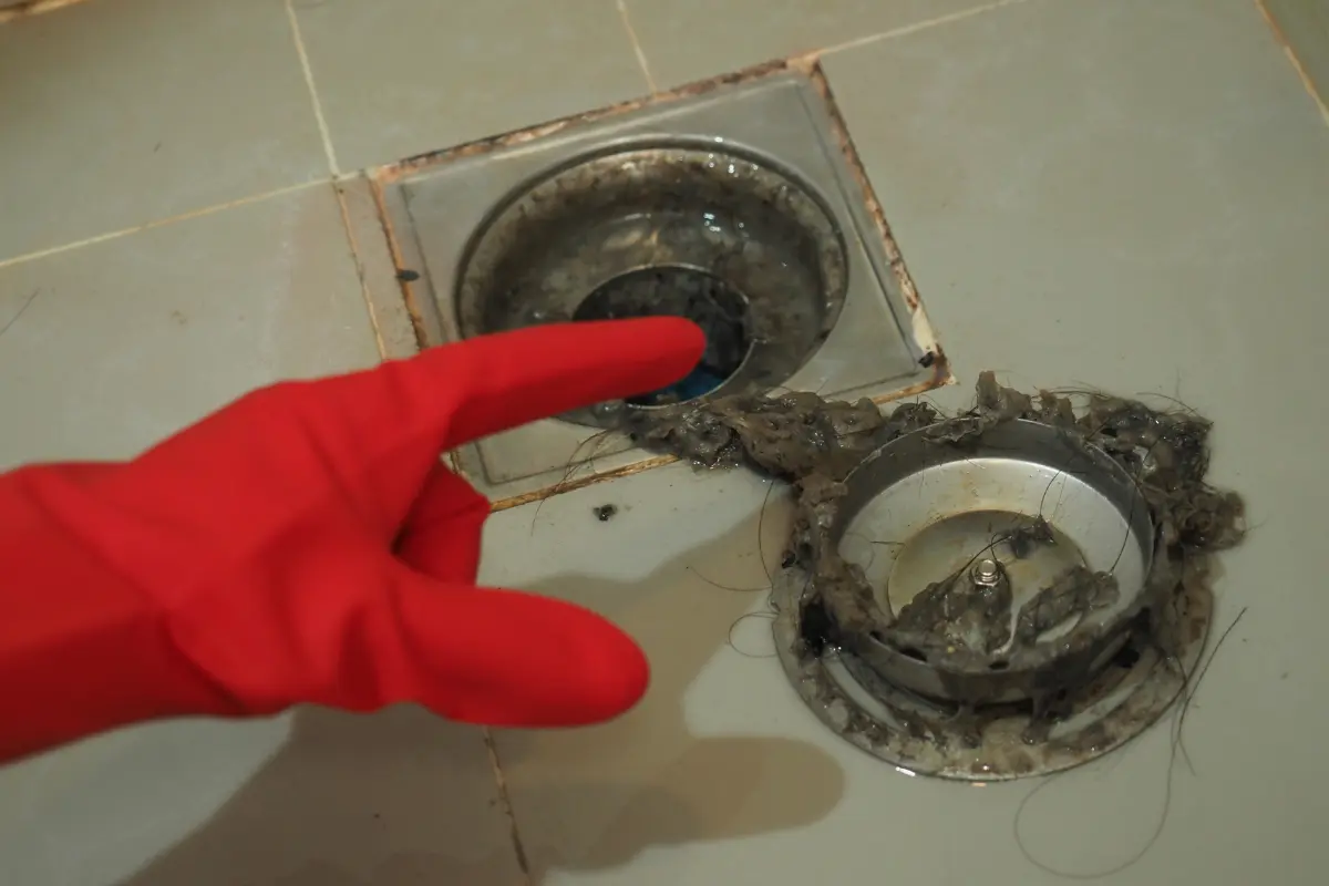 Problemas Comuns em Casas com Esgoto Mal Instalado. Close no ralo onde odores e retornos geralmente se manifestam, sinal de que o sistema precisa de inspeção técnica. Foto: Reprodução / Canva Pro.