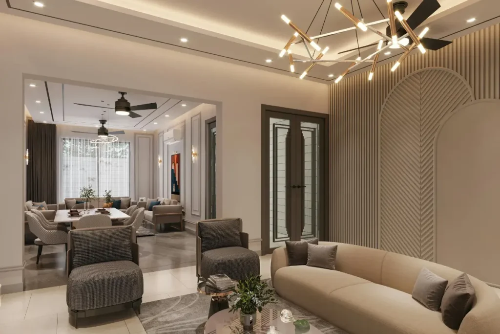 Apartamento reformado com porcelanato e gesso: veja como fica o imóvel no Jardim Paulista. Moradores aproveitam ambiente moderno com iluminação ajustável. Foto: Reprodução / Canva Pro.