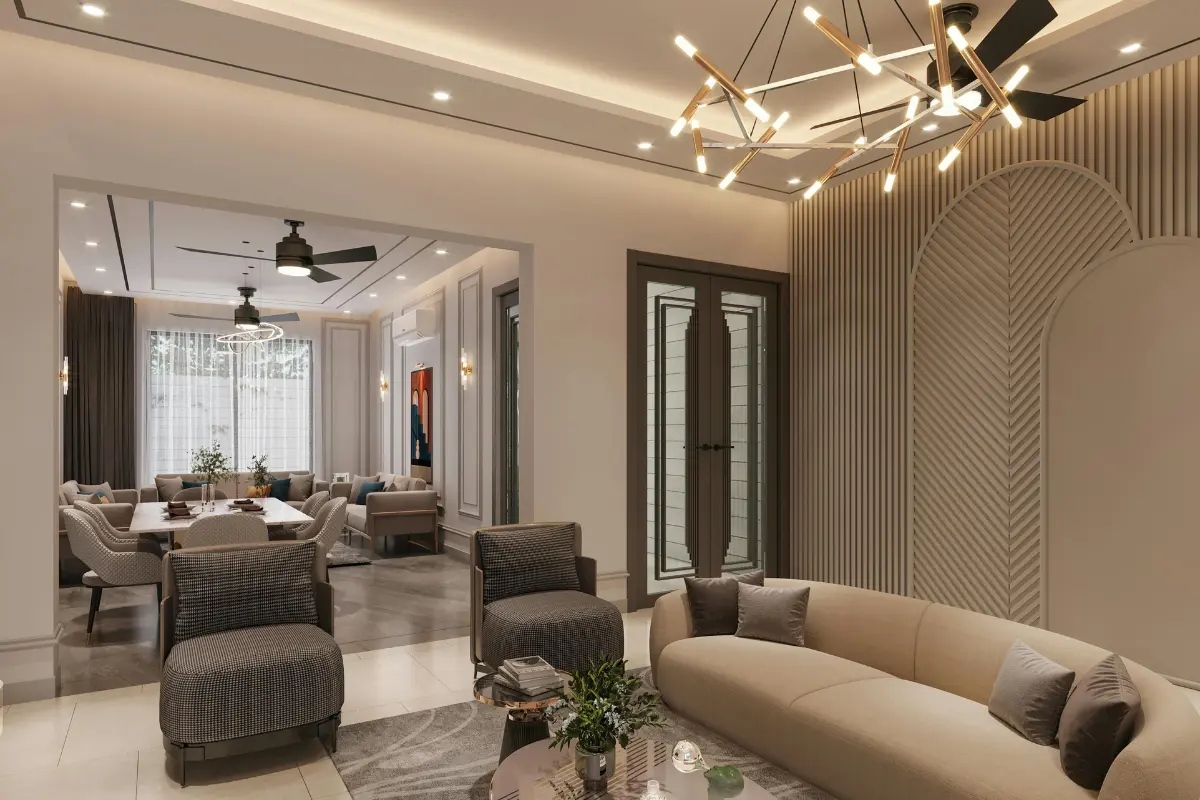 Apartamento reformado com porcelanato e gesso: veja como fica o imóvel no Jardim Paulista. Moradores aproveitam ambiente moderno com iluminação ajustável. Foto: Reprodução / Canva Pro.